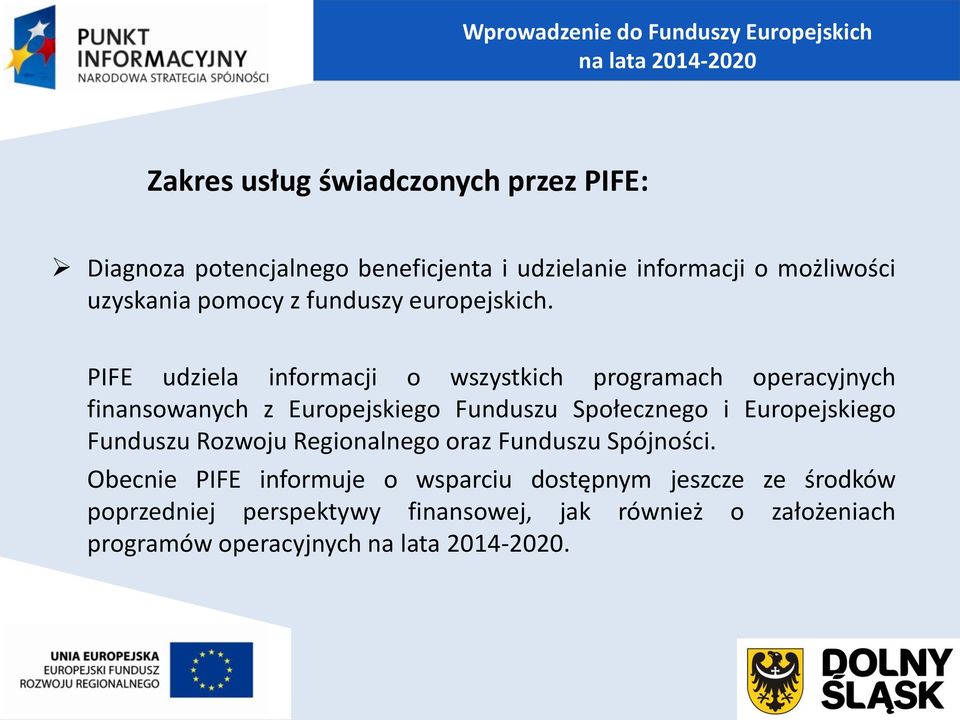 PIFE udziela informacji o wszystkich programach operacyjnych finansowanych z Europejskiego Funduszu Społecznego i