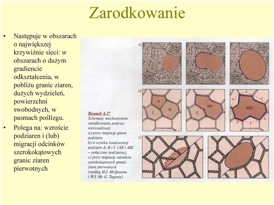 dużych wydzieleń, powierzchni swobodnych, w pasmach poślizgu.