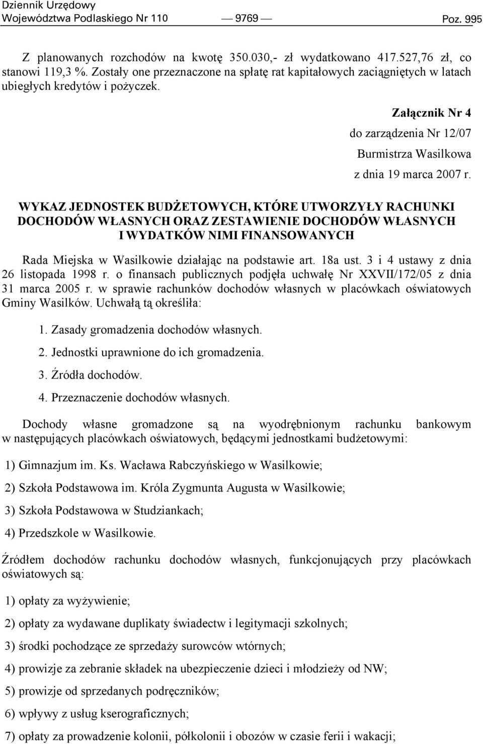 WYKAZ JEDNOSTEK BUDŻETOWYCH, KTÓRE UTWORZYŁY RACHUNKI DOCHODÓW WŁASNYCH ORAZ ZESTAWIENIE DOCHODÓW WŁASNYCH I WYDATKÓW NIMI FINANSOWANYCH Rada Miejska w Wasilkowie działając na podstawie art. 18a ust.