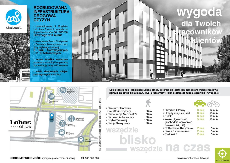 ścieżka rowerowa pozwala na szybką i bezpieczną komunikację z całym Krakowem wiele darmowych miejsc parkingowych w okolicy wygoda dla Twoich pracowników i klientów Medweckiego office Dąbrowskiej