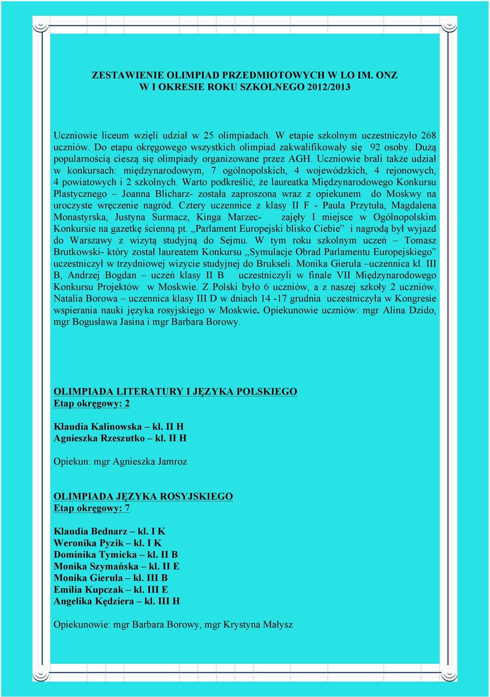 Uczniowie brali także udział w konkursach: międzynarodowym, 7 ogólnopolskich, 4 wojewódzkich, 4 rejonowych, 4 powiatowych i 2 szkolnych.