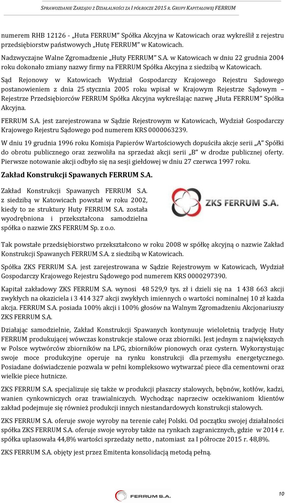 Akcyjna wykreślając nazwę Huta FERRUM Spółka Akcyjna. FERRUM S.A. jest zarejestrowana w Sądzie Rejestrowym w Katowicach, Wydział Gospodarczy Krajowego Rejestru Sądowego pod numerem KRS 0000063239.