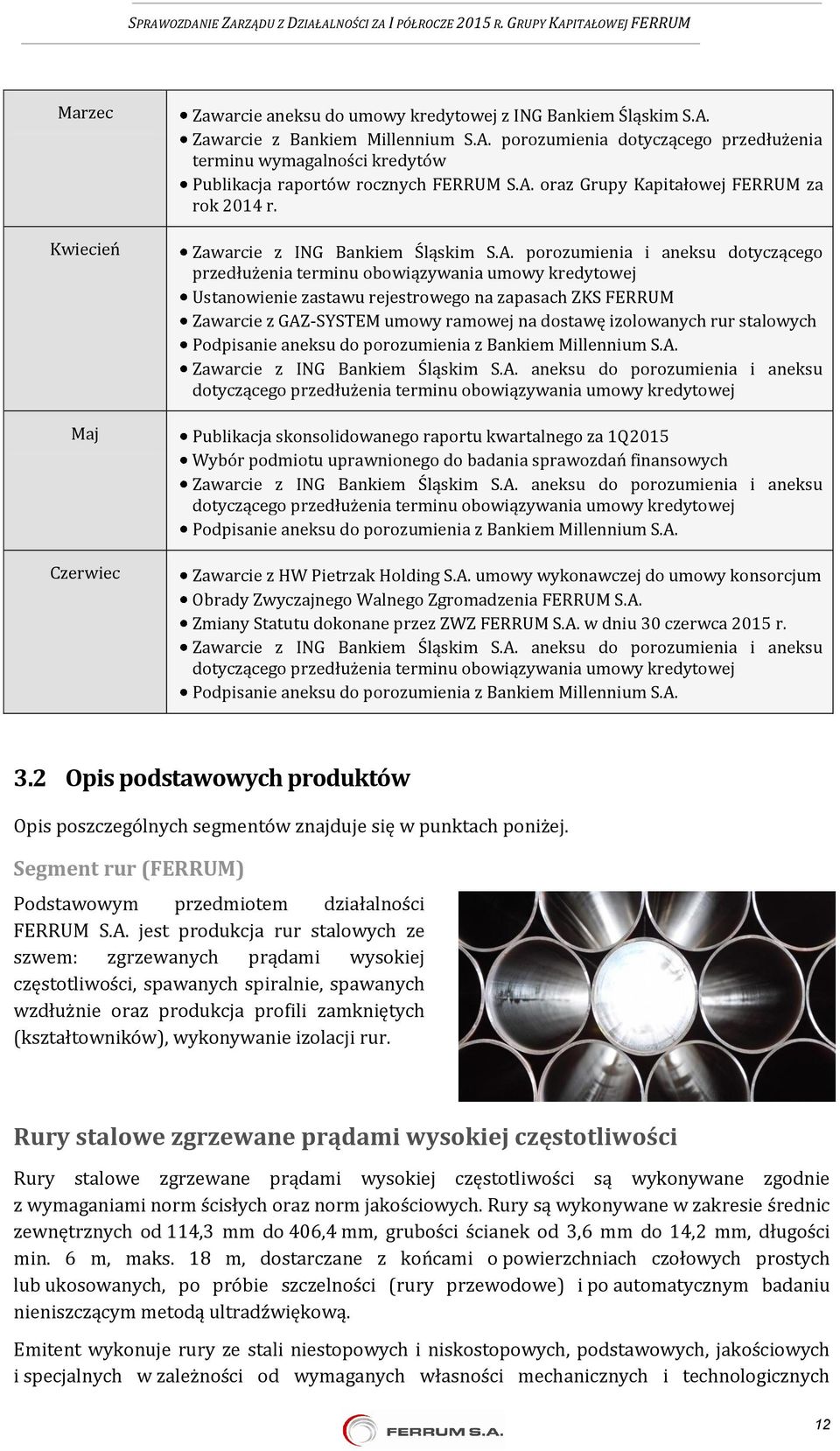 rejestrowego na zapasach ZKS FERRUM Zawarcie z GAZ-SYSTEM umowy ramowej na dostawę izolowanych rur stalowych Podpisanie aneksu do porozumienia z Bankiem Millennium S.A. Zawarcie z ING Bankiem Śląskim S.