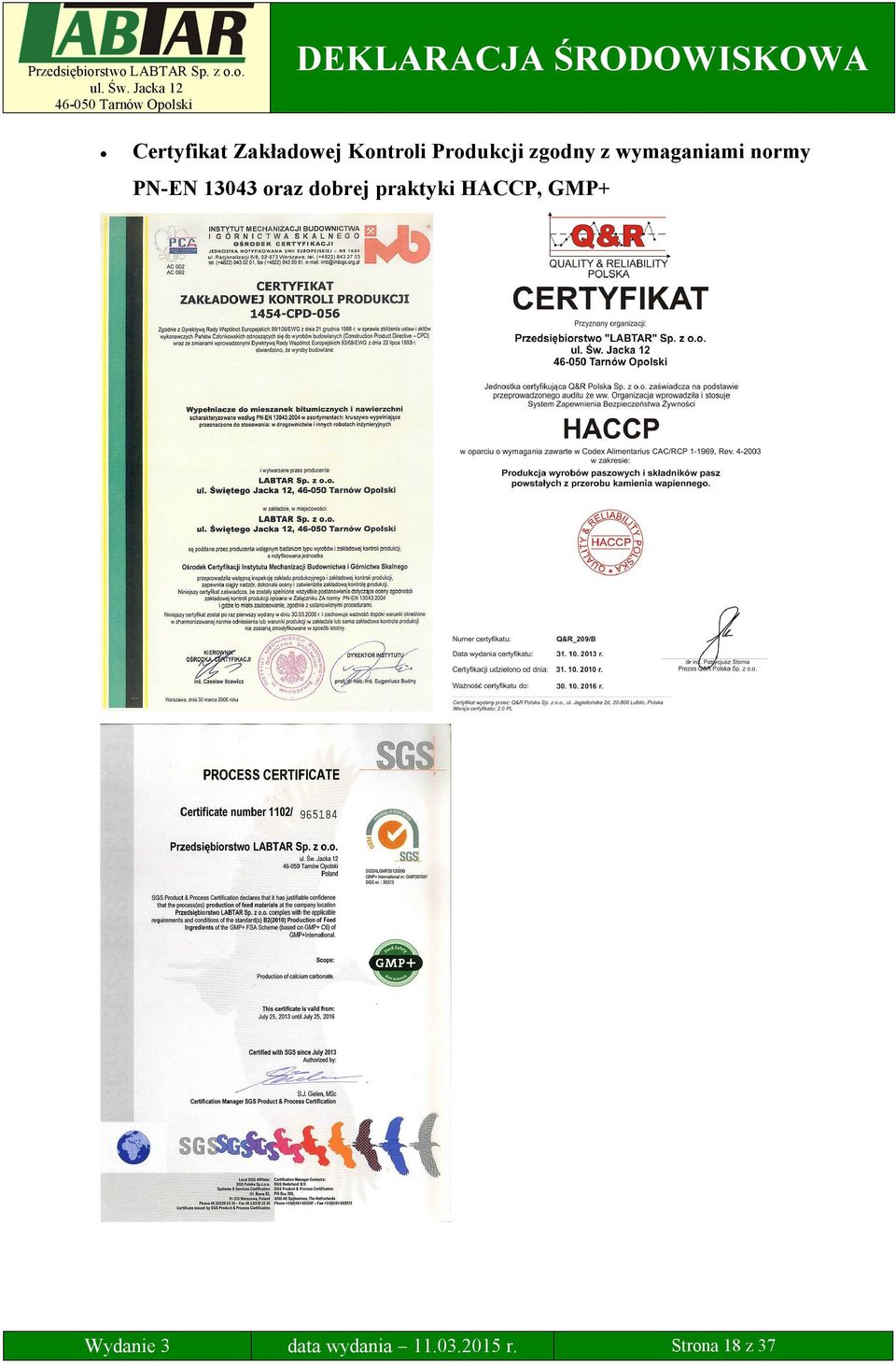 oraz dobrej praktyki HACCP, GMP+ Wydanie