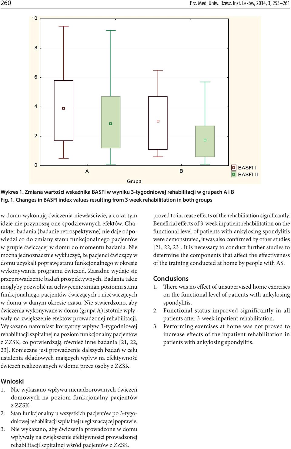 Zmiana wartości wskaźnika BASFI w wyniku 3-tygodniowej rehabilitacji w gruach A i B Fig. 1.