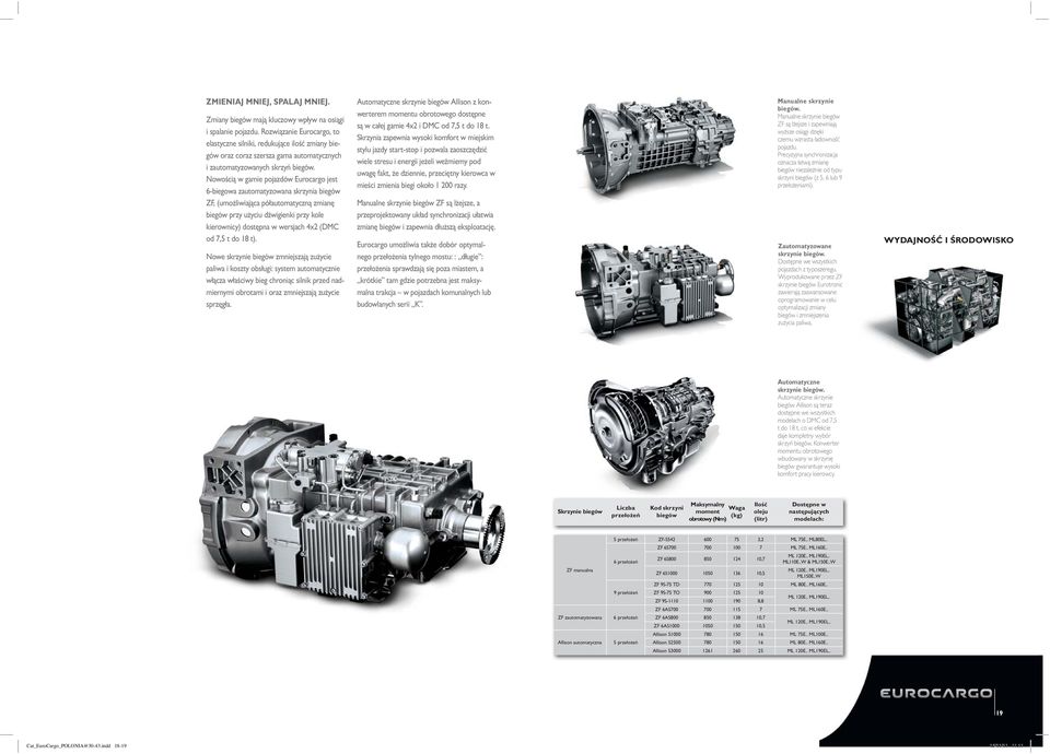 Nowością w gamie pojazdów Eurocargo jest 6-biegowa zautomatyzowana skrzynia biegów ZF, (umożliwiająca półautomatyczną zmianę biegów przy użyciu dźwigienki przy kole kierownicy) dostępna w wersjach