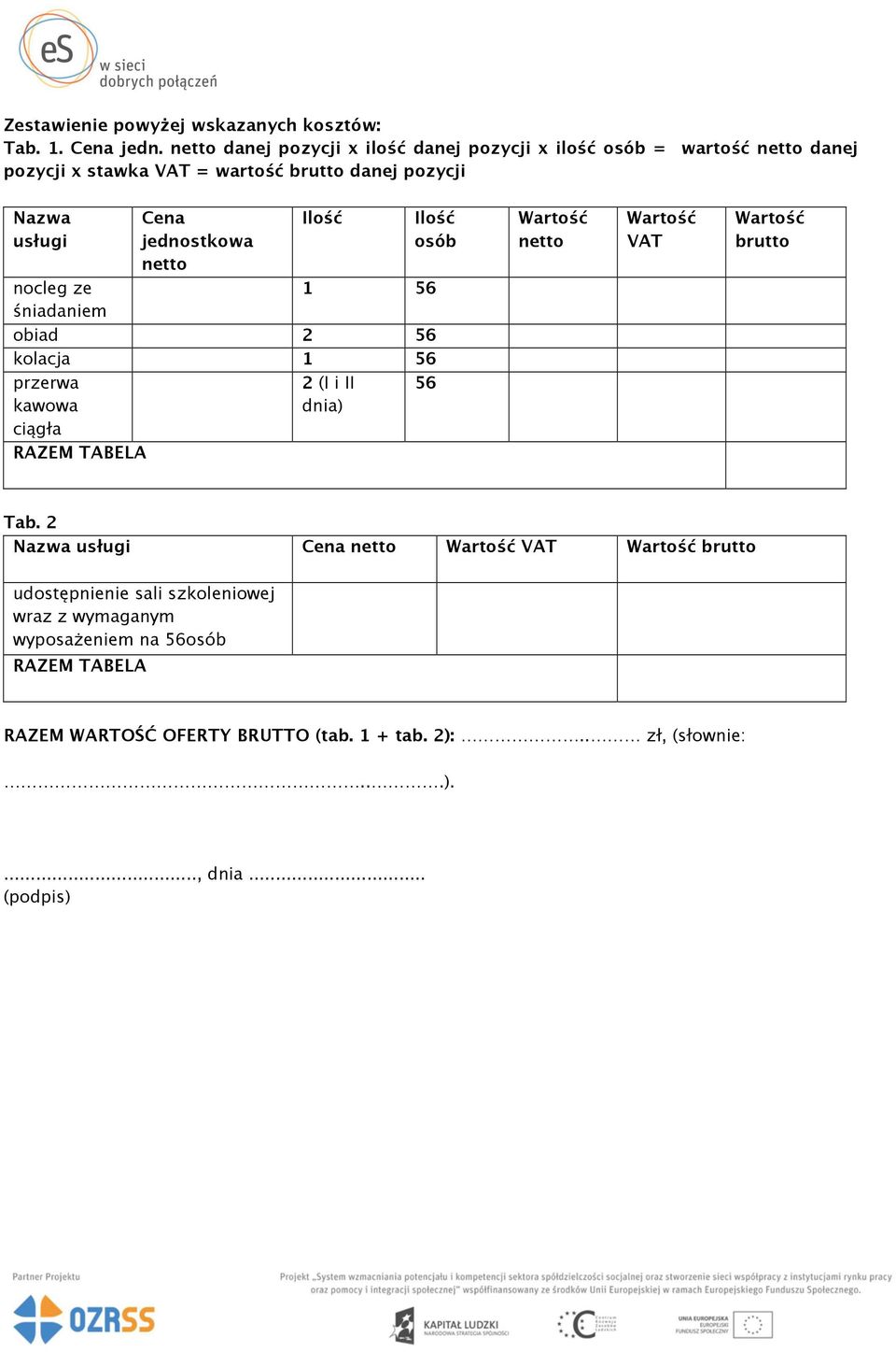 jednostkowa netto Ilość Ilość osób Wartość netto Wartość VAT Wartość brutto nocleg ze śniadaniem 1 56 obiad 2 56 kolacja 1 56 przerwa kawowa ciągła 2 (I i