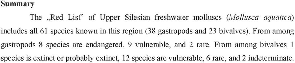 From among gastropods 8 species are endangered, 9 vulnerable, and 2 rare.