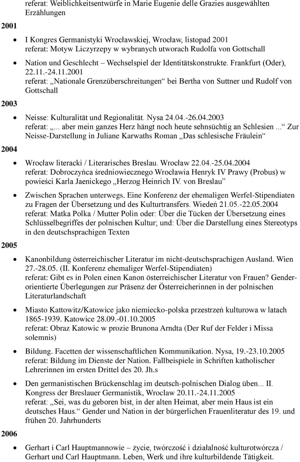 -24.11.2001 referat: Nationale Grenzüberschreitungen bei Bertha von Suttner und Rudolf von Gottschall Neisse: Kulturalität und Regionalität. Nysa 24.04.-26.04.2003 referat:.