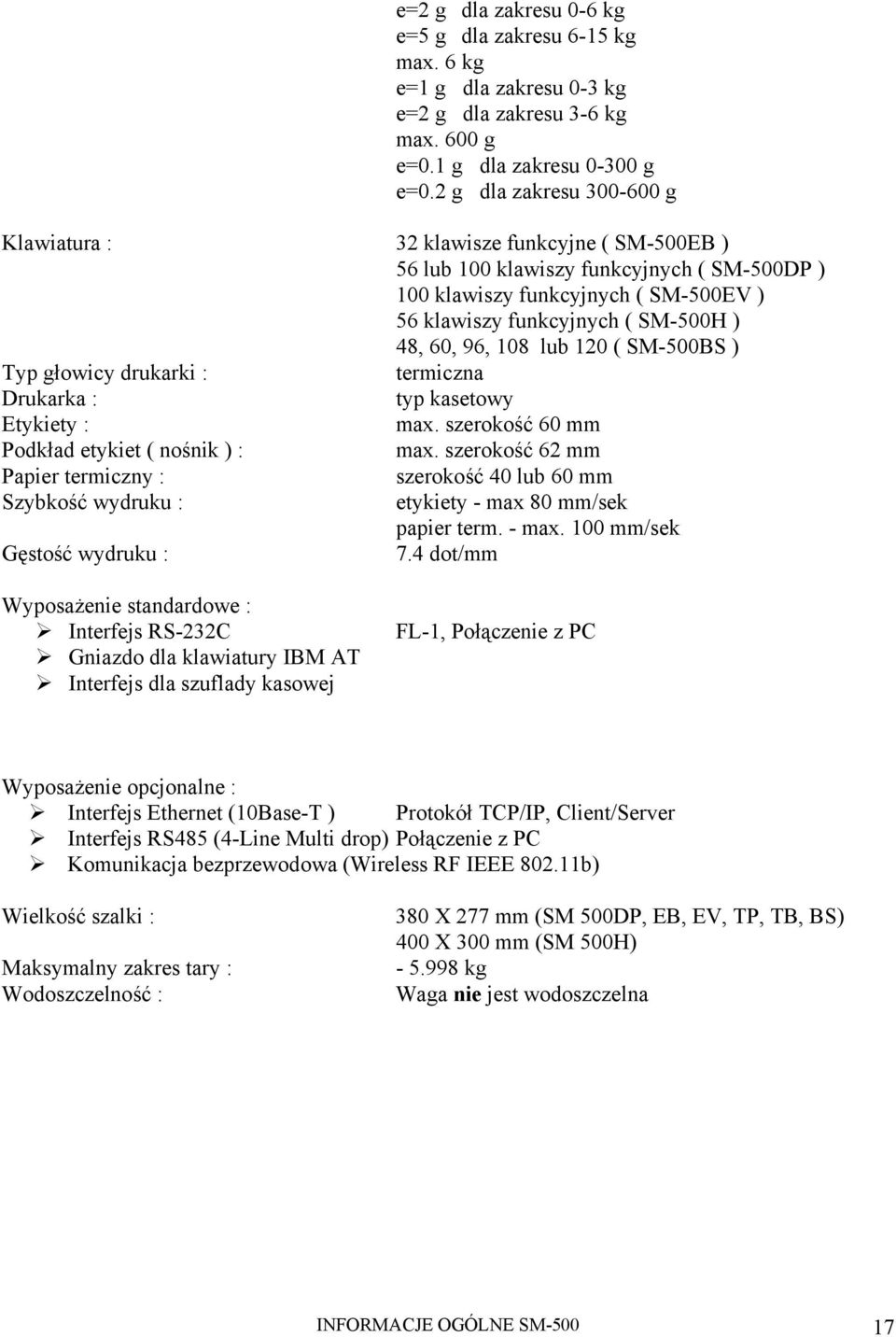 60, 96, 108 lub 120 ( SM-500BS ) Typ głowicy drukarki : termiczna Drukarka : typ kasetowy Etykiety : max. szerokość 60 mm Podkład etykiet ( nośnik ) : max.