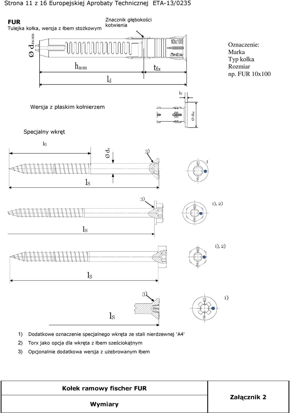FUR 10x100 Wersja z płaskim kołnierzem Specjalny wkręt 1) Dodatkowe oznaczenie specjalnego wkręta ze stali