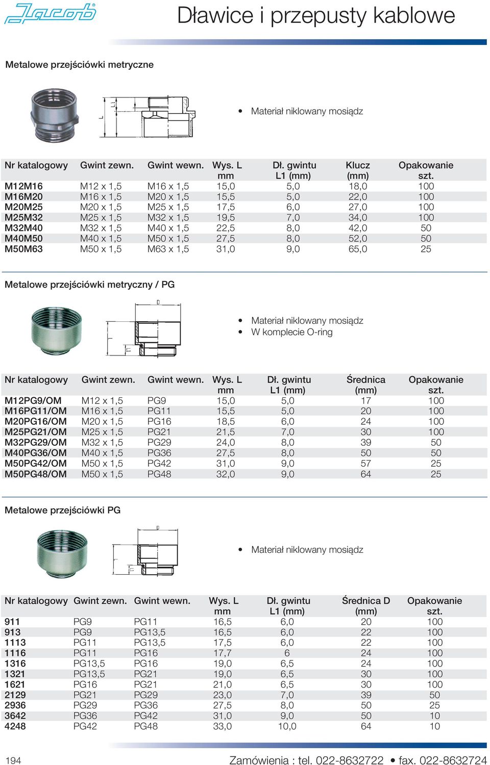 M40 x 1,5 22,5 8,0 42,0 50 M40M50 M40 x 1,5 M50 x 1,5 27,5 8,0 52,0 50 M50M63 M50 x 1,5 M63 x 1,5 31,0 9,0 65,0 25 Metalowe przejściówki metryczny / PG W komplecie O-ring Nr katalogowy Gwint zewn.