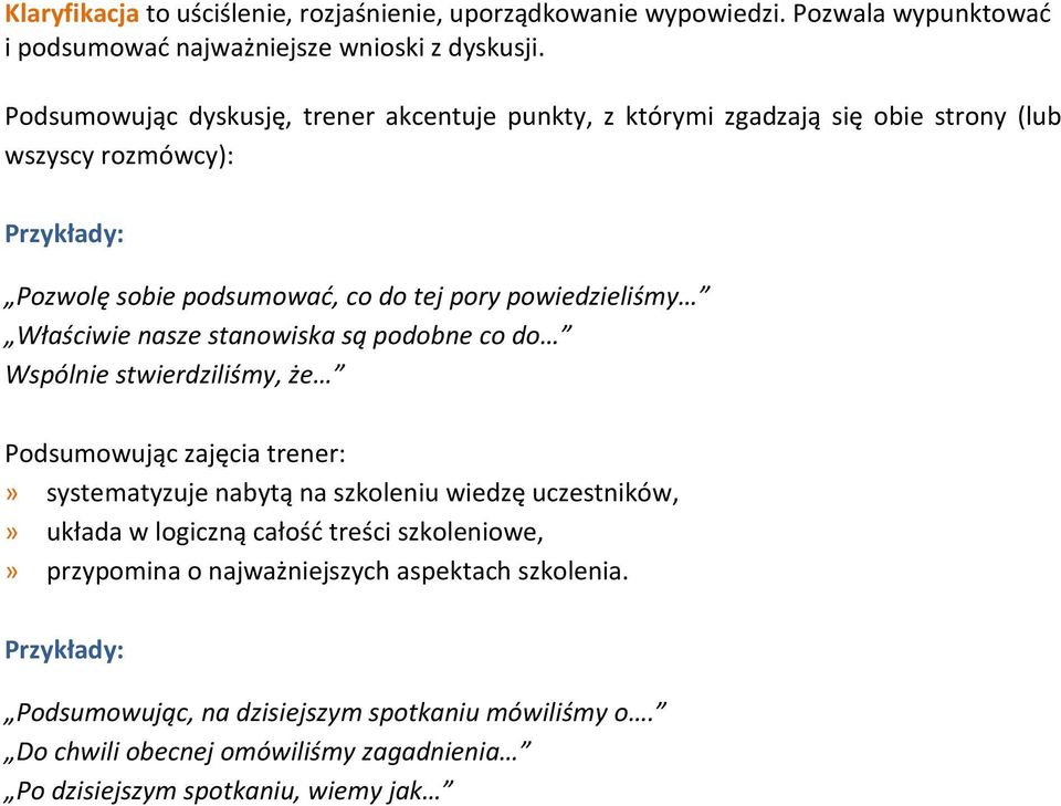 Właściwie nasze stanowiska są podobne co do Wspólnie stwierdziliśmy, że Podsumowując zajęcia trener:» systematyzuje nabytą na szkoleniu wiedzę uczestników,» układa w logiczną