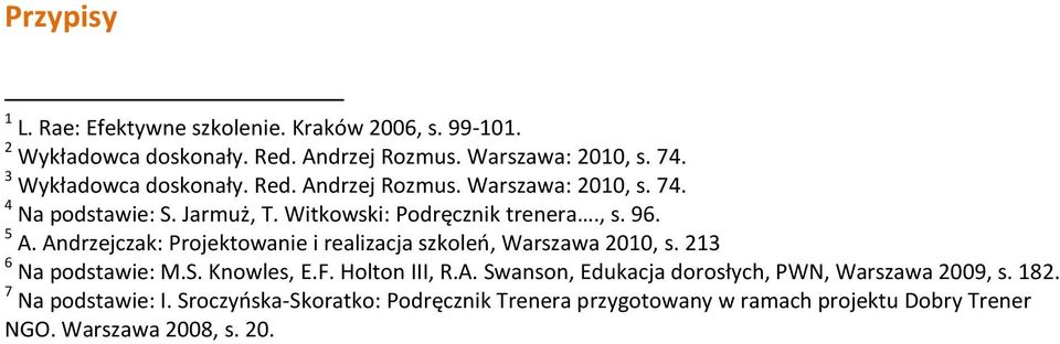 Andrzejczak: Projektowanie i realizacja szkoleń, Warszawa 2010, s. 213 6 Na podstawie: M.S. Knowles, E.F. Holton III, R.A. Swanson, Edukacja dorosłych, PWN, Warszawa 2009, s.