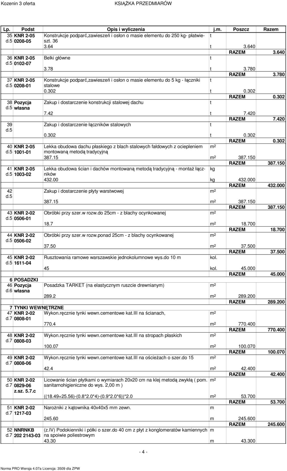 302 RAZEM 0.302 38 Pozycja Zakup i dostarczenie konstrukcji stalowej dachu t d.5 własna 7.42 t 7.420 RAZEM 7.420 39 Zakup i dostarczenie łączników stalowych t d.5 0.302 t 0.302 RAZEM 0.302 40 KNR 2-05 Lekka obudowa dachu płaskiego z blach stalowych fałdowych z ociepleniem d.