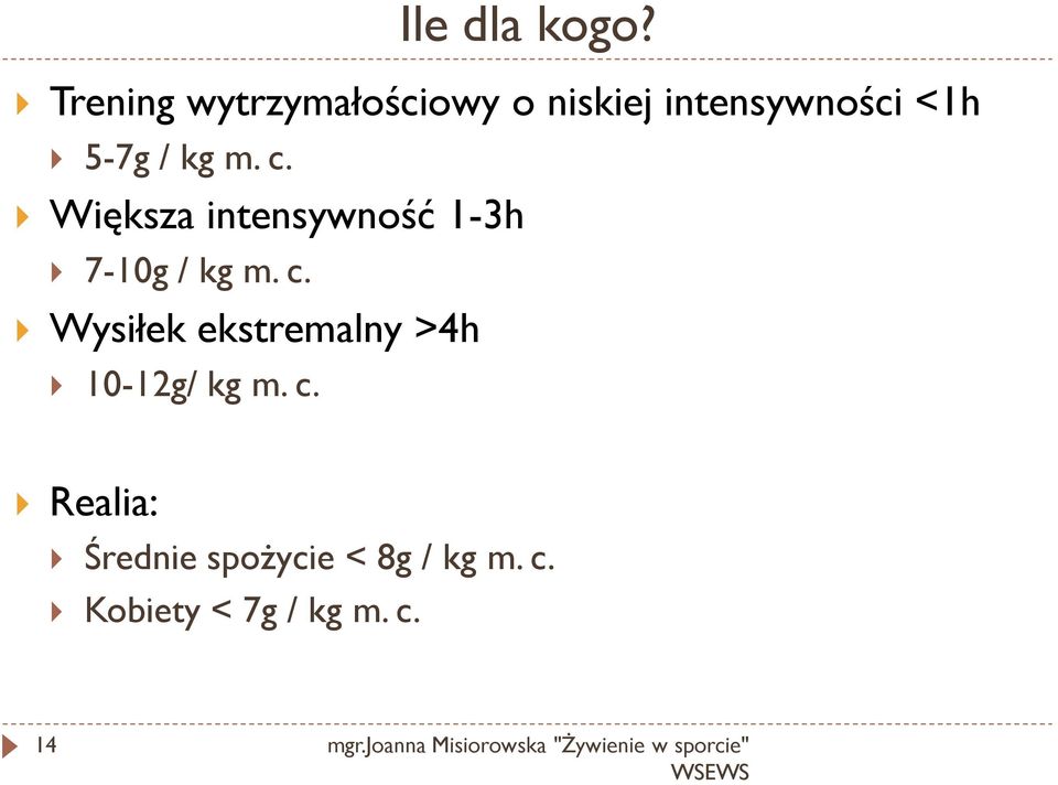 Większa intensywność 1-3h 7-10g / kg m. c.