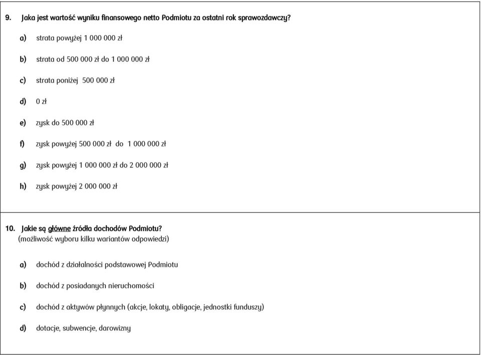 zł do 1 000 000 zł g) zysk powyżej 1 000 000 zł do 2 000 000 zł h) zysk powyżej 2 000 000 zł 10. Jakie są główne źródła dochodów Podmiotu?