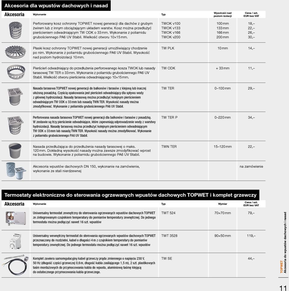TWOK v100 TWOK v133 TWOK v166 TWOK v200 100 mm 133 mm 166 mm 200 mm 18, 22, 26, 30, Płaski kosz ochronny nowej generacji umożliwiający chodzenie po nim.