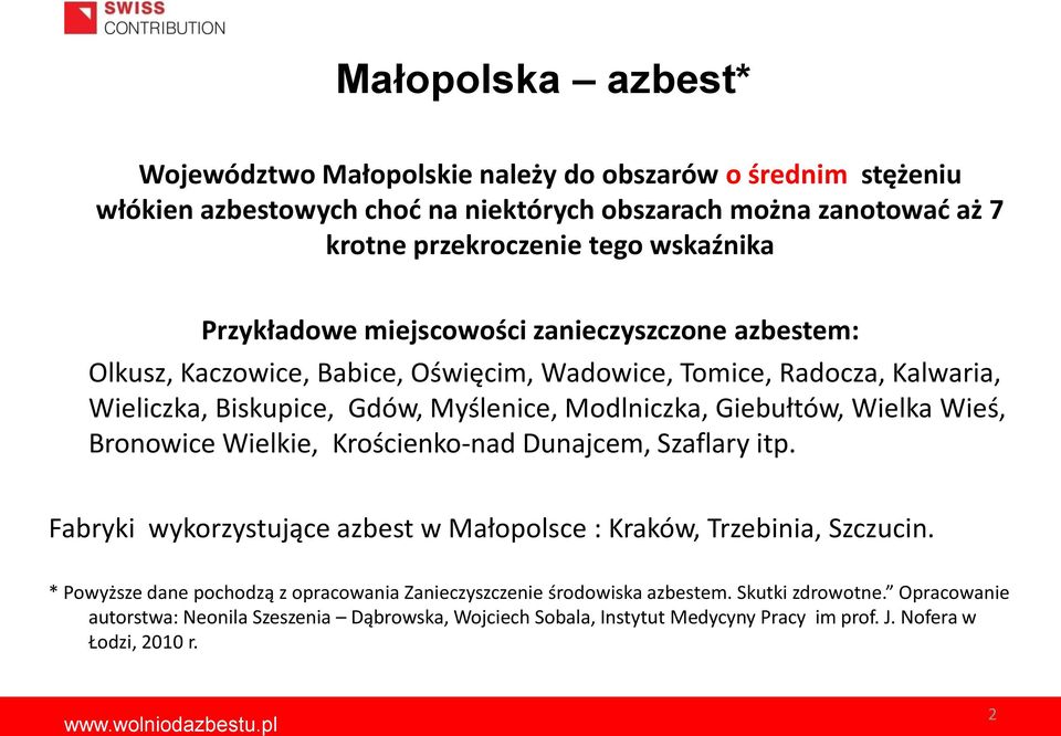 Giebułtów, Wielka Wieś, Bronowice Wielkie, Krościenko-nad Dunajcem, Szaflary itp. Fabryki wykorzystujące azbest w Małopolsce : Kraków, Trzebinia, Szczucin.