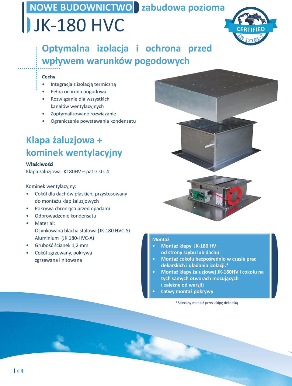 4 Kominek wentylacyjny: Cokół dla dachów płaskich, przystosowany do montażu klap żaluzjowych Pokrywa chroniąca przed opadami Odprowadzenie kondensatu Materiał: Ocynkowana blacha stalowa (JK-180