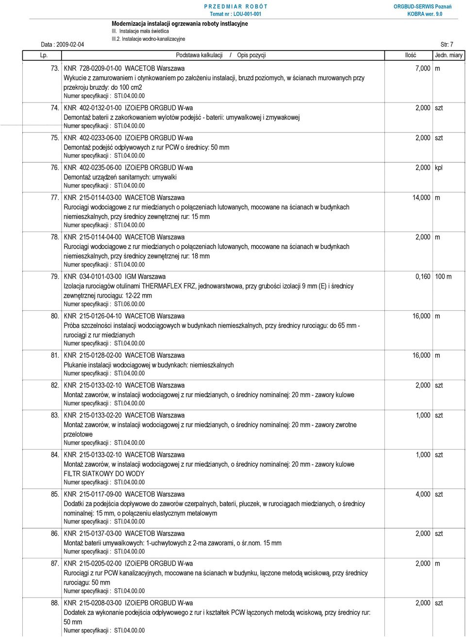 KNR 402-0132-01-00 IZOiEPB ORGBUD W-wa 2,000 szt Demontaż baterii z zakorkowaniem wylotów podejść - baterii: umywalkowej i zmywakowej 75.