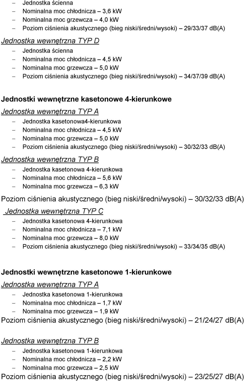 kasetonowa4-kierunkowa Nominalna 4,5 kw Nominalna moc grzewcza 5,0 kw Poziom ciśnienia akustycznego (bieg niski/średni/wysoki) 0/2/ db(a) Jednostka wewnętrzna TYP B Jednostka kasetonowa 4-kierunkowa