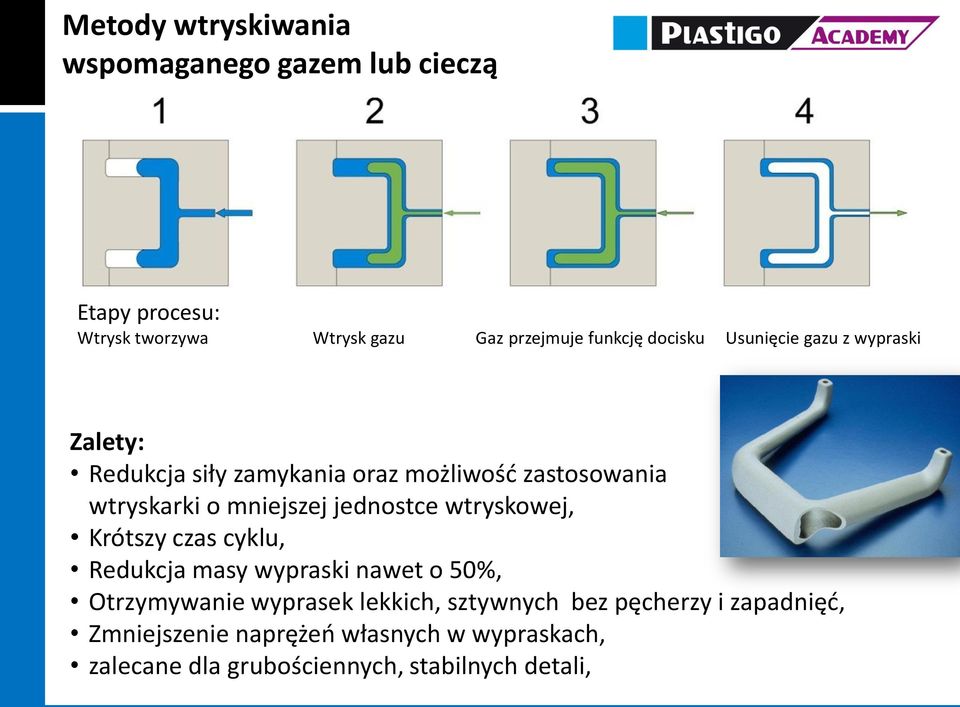 jednostce wtryskowej, Krótszy czas cyklu, Redukcja masy wypraski nawet o 50%, Otrzymywanie wyprasek lekkich,