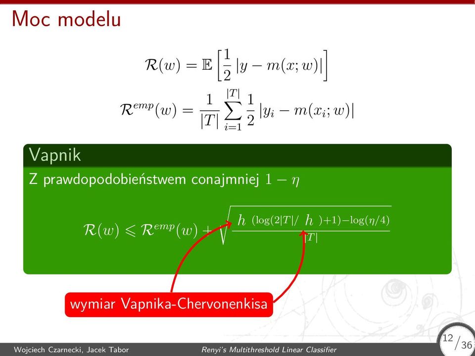 log(η/4) R(w) R emp (w) + T wymiar Vapnika-Chervonenkisa 12 / Wojciech