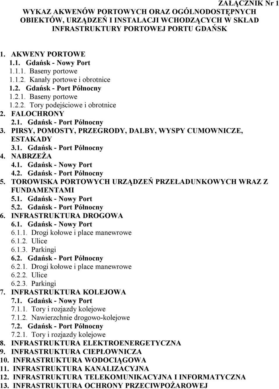 PIRSY, POMOSTY, PRZEGRODY, DALBY, WYSPY CUMOWNICZE, ESTAKADY 3.1. Gdańsk Port Północny 4. NABRZEŻA 4.1. Gdańsk Nowy Port 4.2. Gdańsk Port Północny 5.