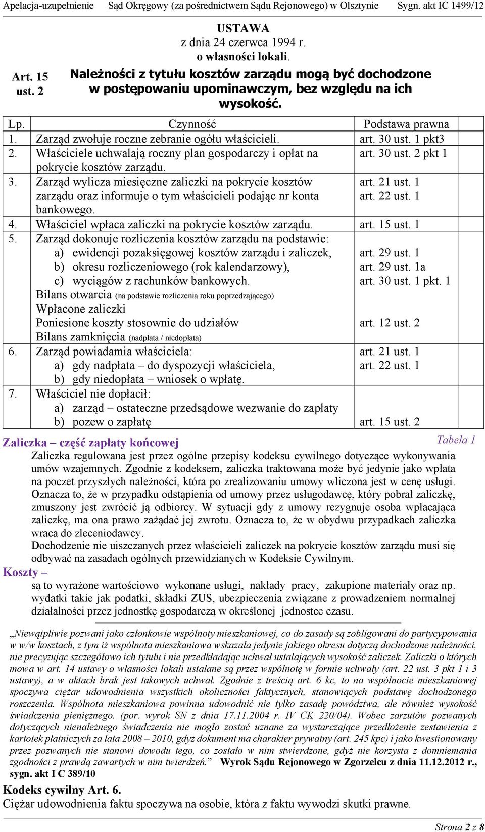 3. Zarząd wylicza miesięczne zaliczki na pokrycie kosztów zarządu oraz informuje o tym właścicieli podając nr konta bankowego. art. 21 ust. 1 art. 22 ust. 1 4.