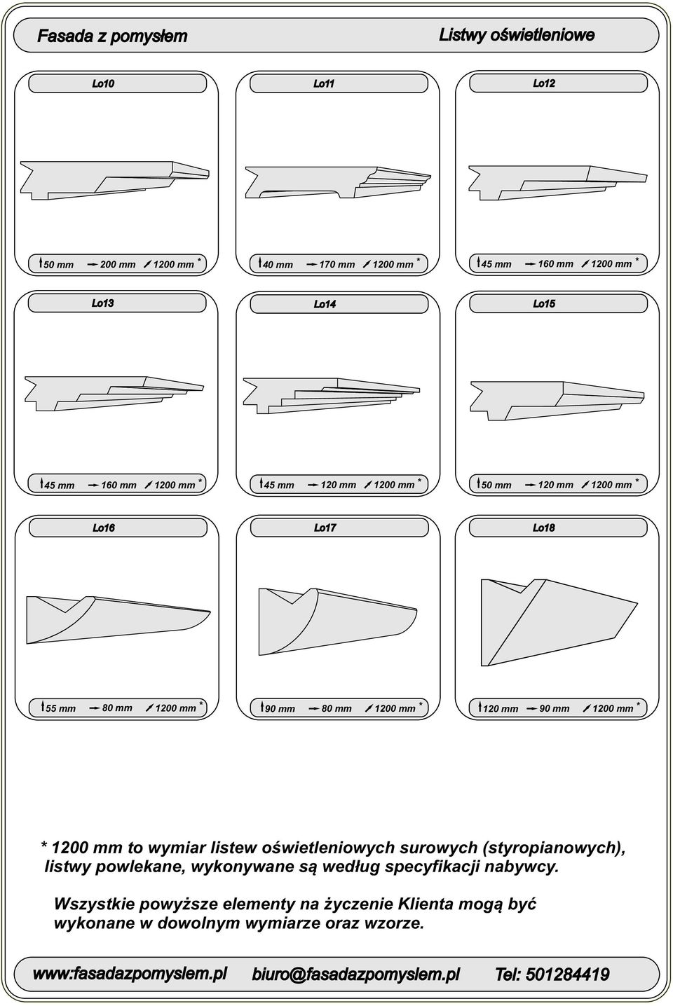 120 mm 90 mm 1200 mm * * 1200 mm to wymiar listew oświetleniowych surowych (styropianowych), listwy powlekane, wykonywane są