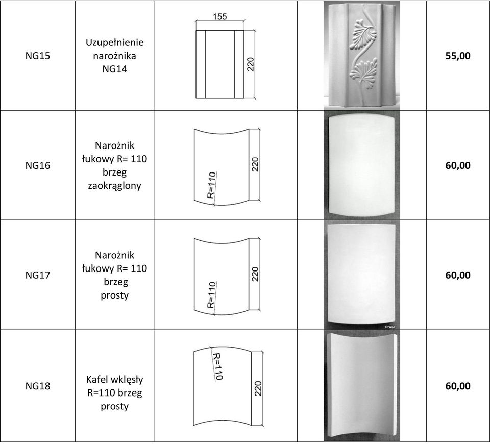 60,00 NG17 Narożnik łukowy R= 110 brzeg