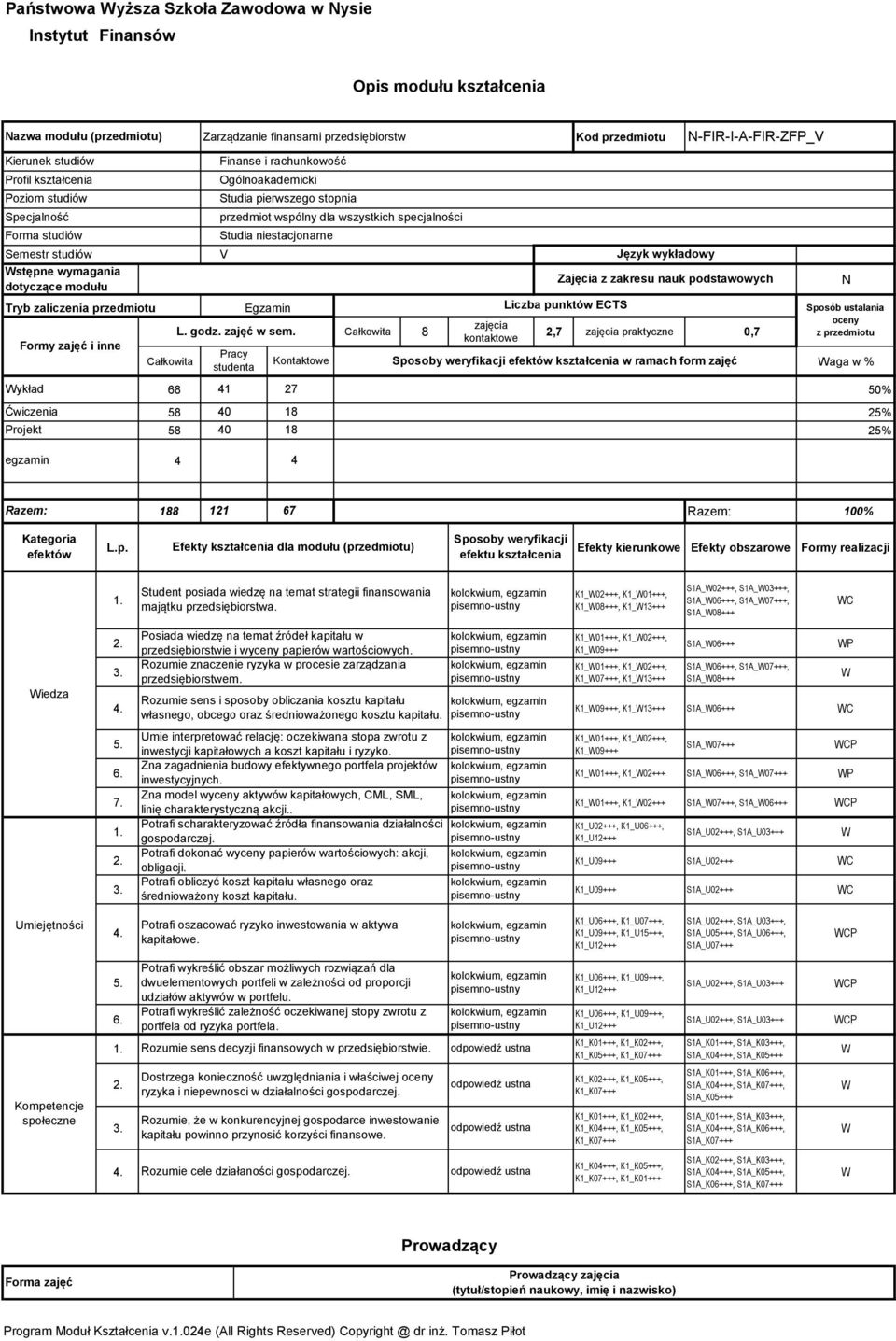 -FIR-I-A-FIR-ZFP_V Tryb zaliczenia przedmiotu Razem: 88 67 Razem: 00% Efekty kształcenia dla modułu (przedmiotu). Student posiada wiedzę na temat strategii finansowania majątku przedsiębiorstwa.