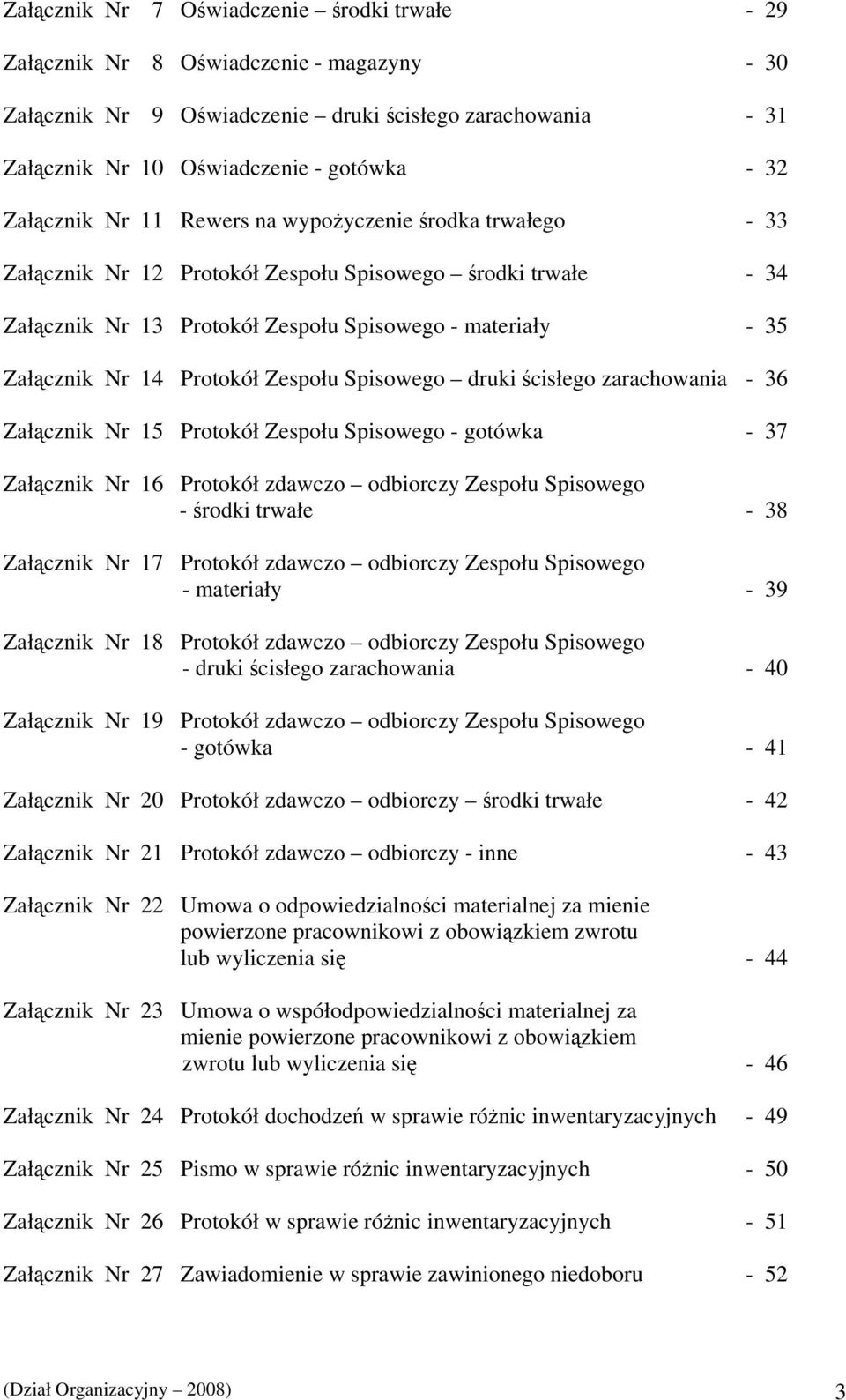 Protokół Zespołu Spisowego druki ścisłego zarachowania - 36 Załącznik Nr 15 Protokół Zespołu Spisowego - gotówka - 37 Załącznik Nr 16 Protokół zdawczo odbiorczy Zespołu Spisowego - środki trwałe - 38