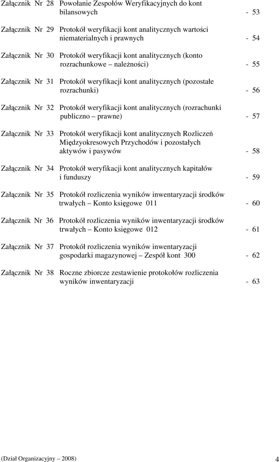 analitycznych (rozrachunki publiczno prawne) - 57 Załącznik Nr 33 Protokół weryfikacji kont analitycznych Rozliczeń Międzyokresowych Przychodów i pozostałych aktywów i pasywów - 58 Załącznik Nr 34