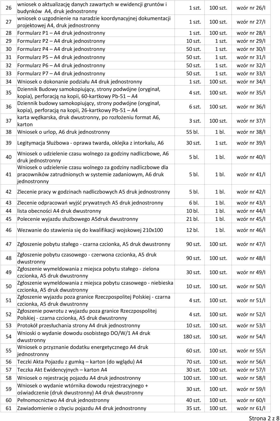 1 szt. wzór nr 29/I 30 Formularz P4 A4 druk 50 szt. 1 szt. wzór nr 30/I 31 Formularz P5 A4 druk 50 szt. 1 szt. wzór nr 31/I 32 Formularz P6 A4 druk 50 szt. 1 szt. wzór nr 32/I 33 Formularz P7 A4 druk 50 szt.