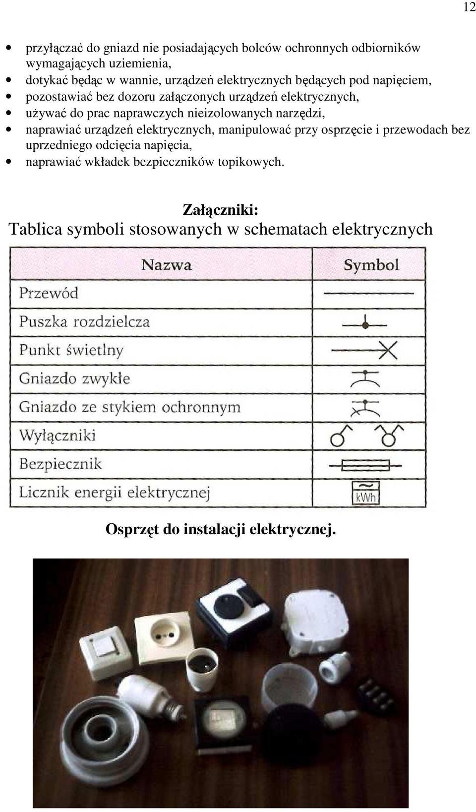 nieizolowanych narzędzi, naprawiać urządzeń elektrycznych, manipulować przy osprzęcie i przewodach bez uprzedniego odcięcia napięcia,