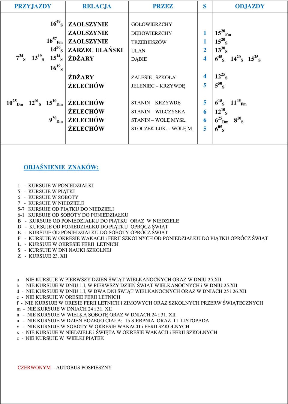 KURSUJE OD PONIEDZIAŁKU DO PIĄTKU ORAZ W NIEDZIELE D - KURSUJE OD PONIEDZIAŁKU DO PIĄTKU OPRÓCZ ŚWIĄT E - KURSUJE OD PONIEDZIAŁKU DO SOBOTY OPRÓCZ ŚWIĄT F - KURSUJE W OKRESIE WAKACJI i FERII