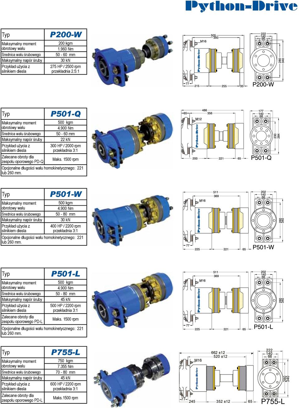 900 Nm 50-80 mm 30 kn 400 HP / 2200 rpm Opcjonalne długości wału homokinetycznego: 221 lub 260 mm. zespołu oporowego PD-L P501-L 500 kgm 4.