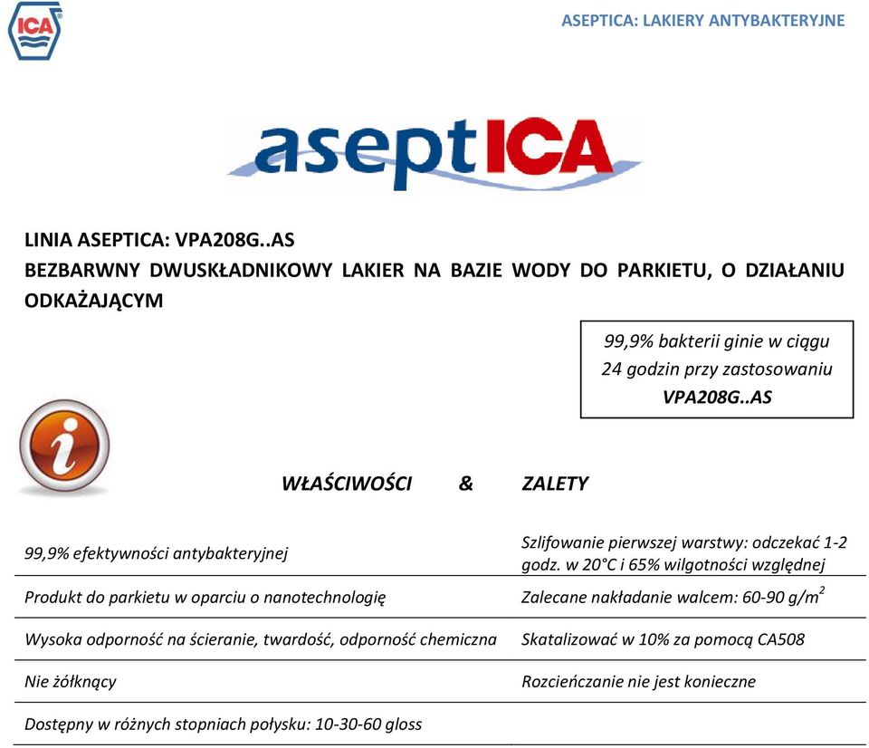 .AS WŁAŚCIWOŚCI & ZALETY 99,9% efektywności antybakteryjnej Szlifowanie pierwszej warstwy: odczekad 1-2 godz.