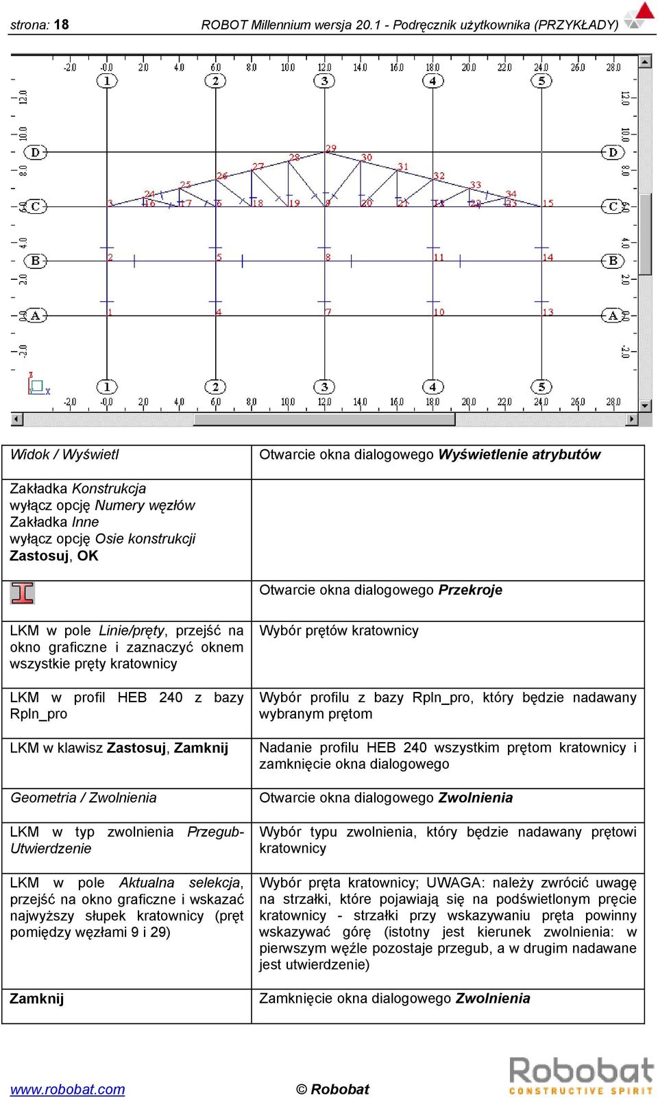 Zastosuj, OK Otwarcie okna dialogowego Przekroje LKM w pole Linie/pręty, przejść na okno graficzne i zaznaczyć oknem wszystkie pręty kratownicy LKM w profil HEB 240 z bazy Rpln_pro LKM w klawisz