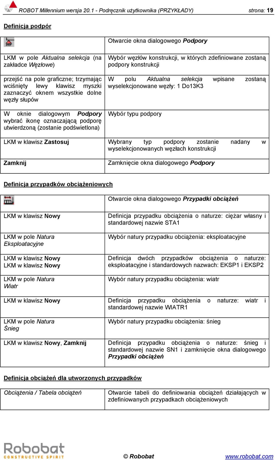 lewy klawisz myszki zaznaczyć oknem wszystkie dolne węzły słupów W oknie dialogowym Podpory wybrać ikonę oznaczającą podporę utwierdzoną (zostanie podświetlona) Wybór węzłów konstrukcji, w których