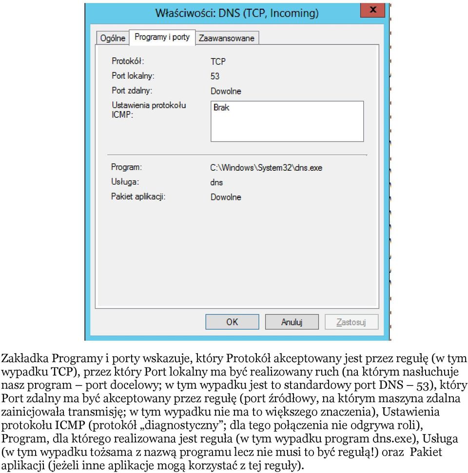 transmisję; w tym wypadku nie ma to większego znaczenia), Ustawienia protokołu ICMP (protokół diagnostyczny ; dla tego połączenia nie odgrywa roli), Program, dla którego realizowana