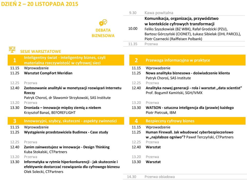 35 Przerwa SESJE WARSZTATOWE Inteligentny świat - inteligentny biznes, czyli 1 materialna rzeczywistość w cyfrowej sieci 2 Przewaga informacyjna w praktyce 11.15 Wprowadzenie 11.