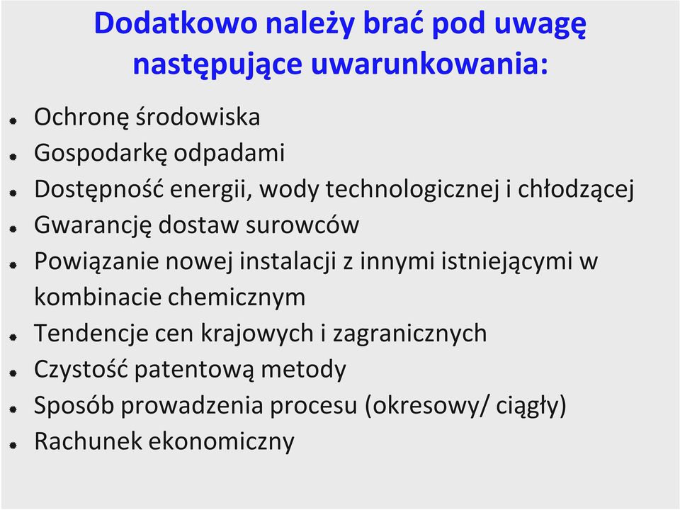 Powiązanie nowej instalacji z innymi istniejącymi w kombinacie chemicznym Tendencje cen