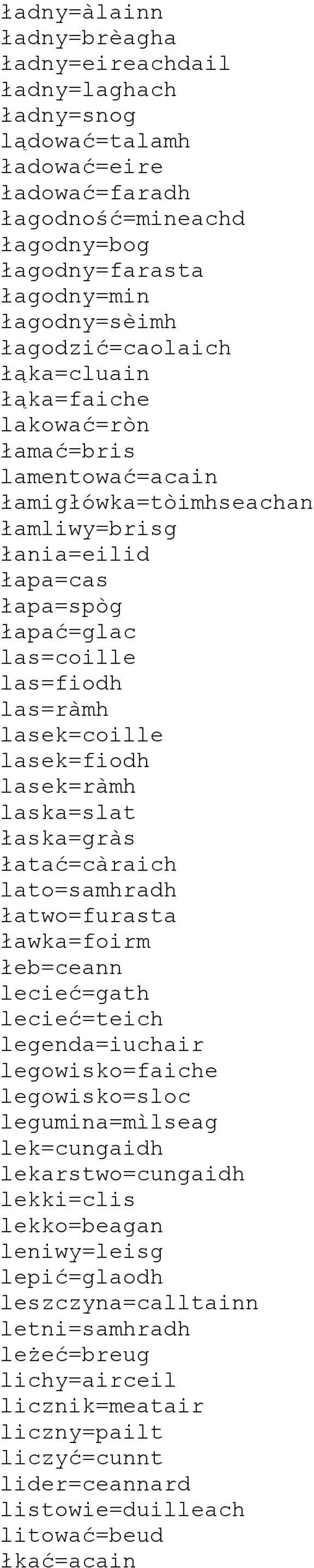 lasek=coille lasek=fiodh lasek=ràmh laska=slat łaska=gràs łatać=càraich lato=samhradh łatwo=furasta ławka=foirm łeb=ceann lecieć=gath lecieć=teich legenda=iuchair legowisko=faiche legowisko=sloc