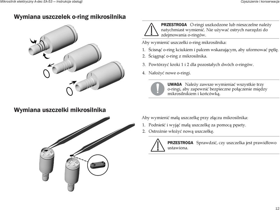 Ściągnąć o-ring z mikrosilnika. 3. Powtórzyć kroki 1 i 2 dla pozostałych dwóch o-ringów. 4. Nałożyć nowe o-ringi.