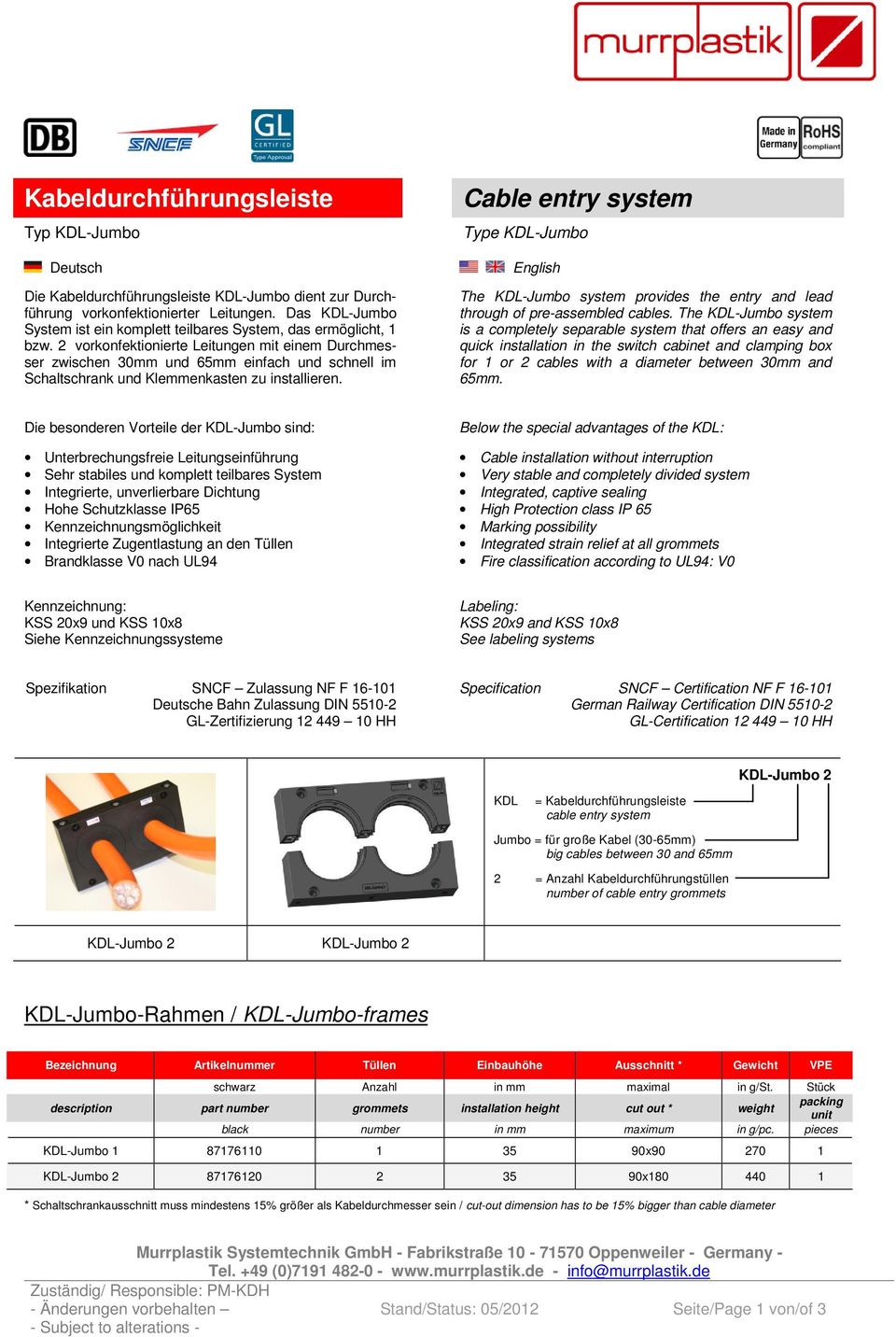 English The KDL-Jumbo system provides the entry and lead through of pre-assembled cables.