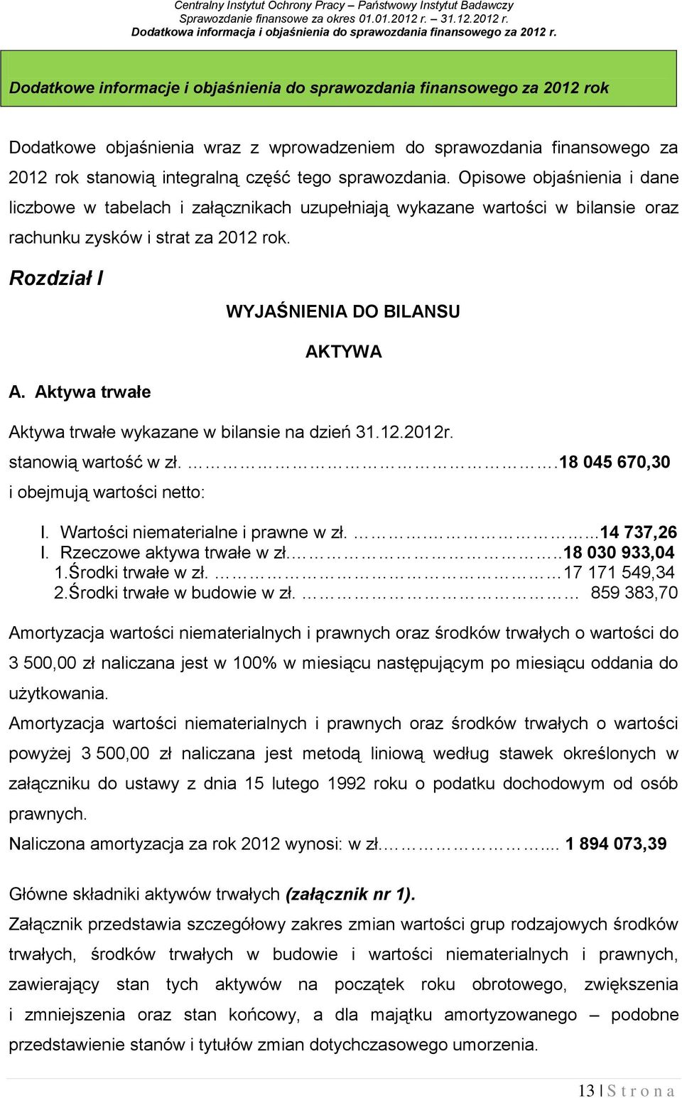 sprawozdania. Opisowe objaśnienia i dane liczbowe w tabelach i załącznikach uzupełniają wykazane wartości w bilansie oraz rachunku zysków i strat za 2012 rok.