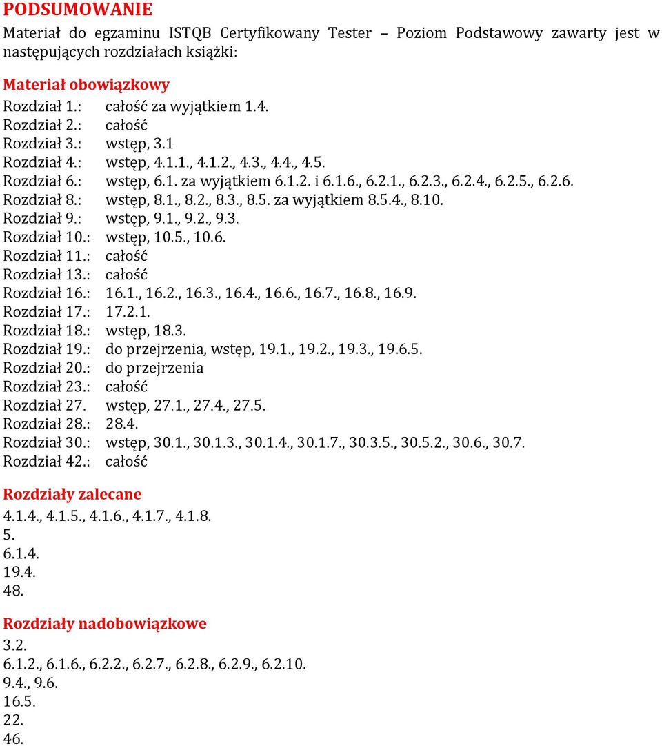 : wstęp, 8.1., 8.2., 8.3., 8.5. za wyjątkiem 8.5.4., 8.10. Rozdział 9.: wstęp, 9.1., 9.2., 9.3. Rozdział 10.: wstęp, 10.5., 10.6. Rozdział 11.: całość Rozdział 13.: całość Rozdział 16.: 16.1., 16.2., 16.3., 16.4., 16.6., 16.7.